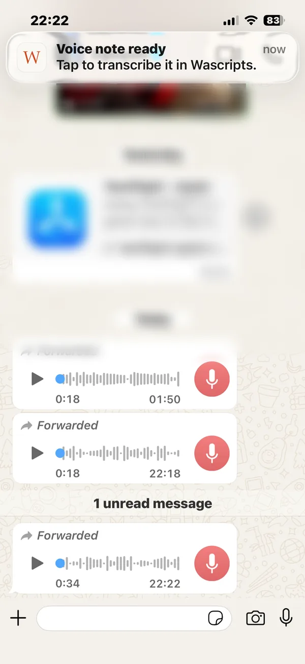 A Wascripts notification at the top of the screen saying the voice note is ready