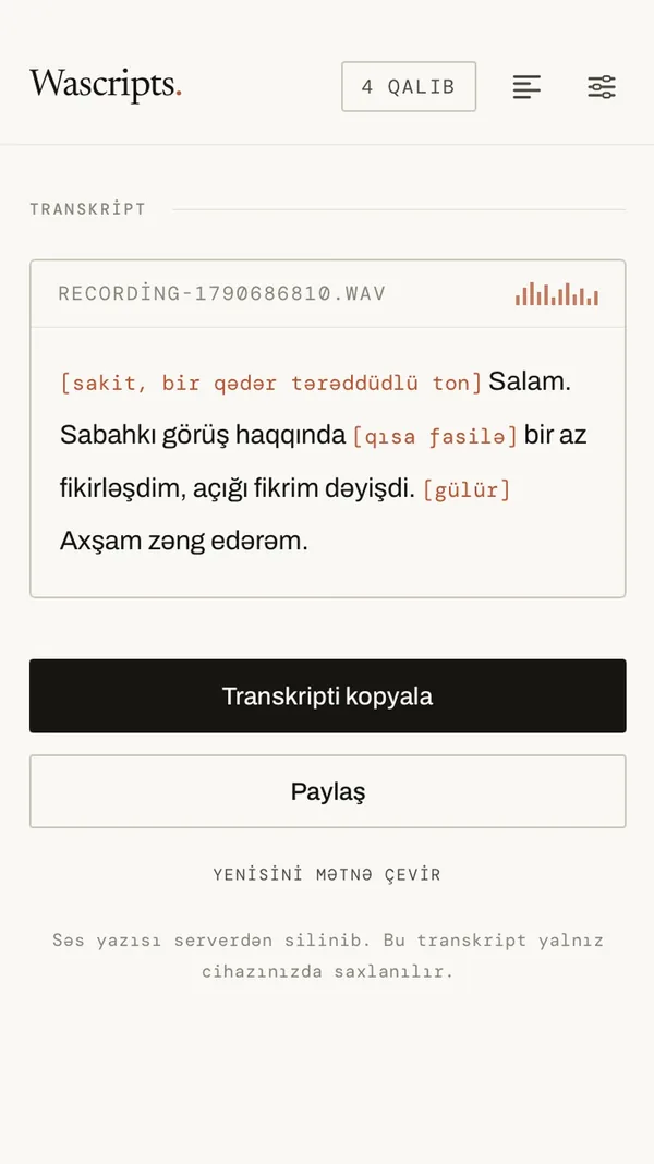 Wascripts transcript of an Azerbaijani voice message with tone notes