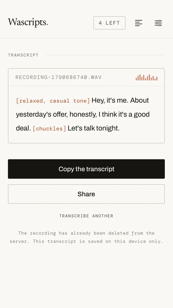A Wascripts transcript with tone notes in square brackets