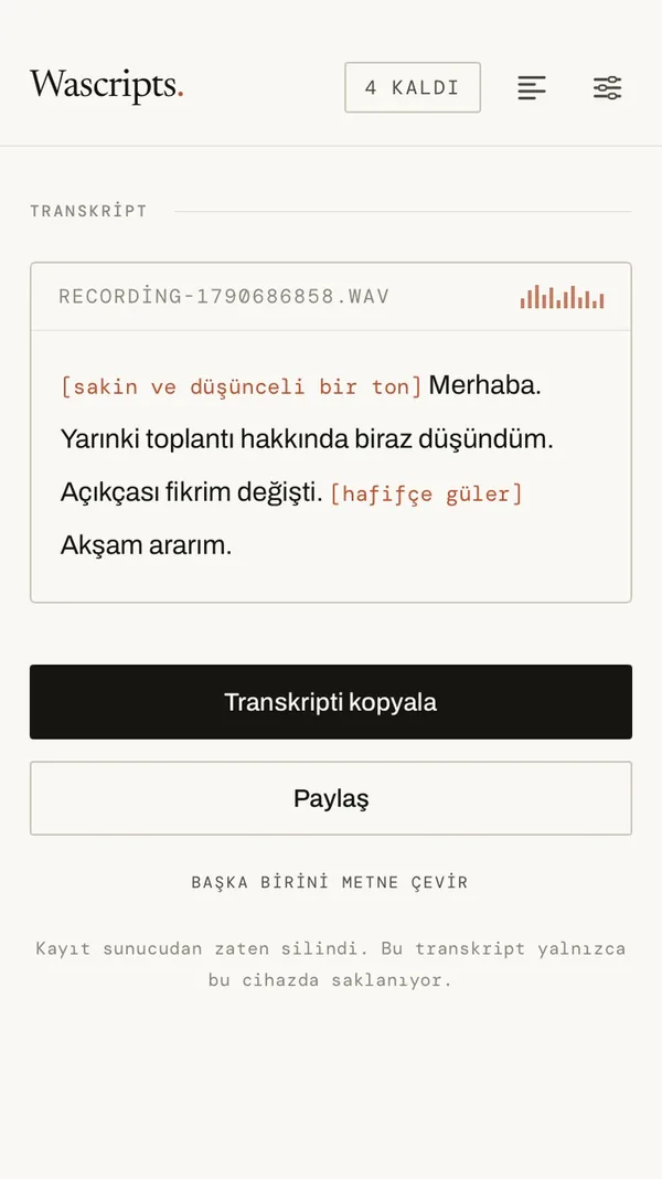 Wascripts'te Türkçe bir ses kaydının transkripti